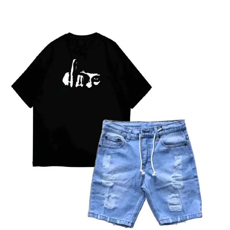 Setelan kaos distro motif HATE YOU dan celana jeans sobek pendek 5