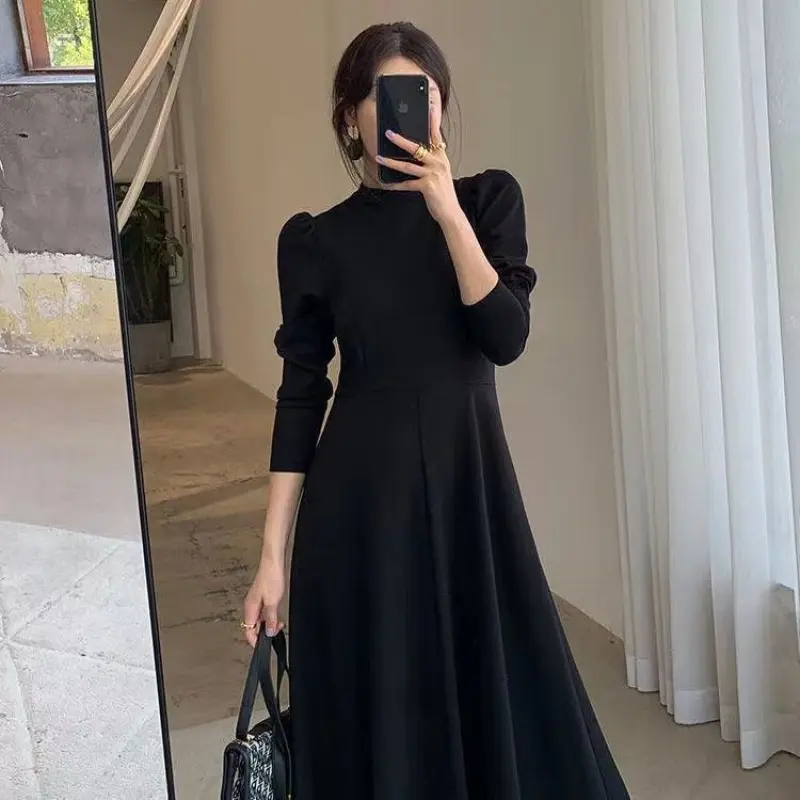 black long sleeve dress Autumn New Korean version High neck thin waist A-line skirt Casual Womenswear