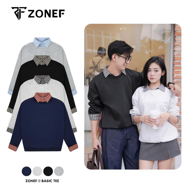Deal Mở Bán Áo Sweater Dài Tay Cổ Tròn Mix Sơ Mi Kẻ Caro by Zonef Áo Sweater Chất Liệu Nỉ 2 Da Nam Nữ Oversize Menswear