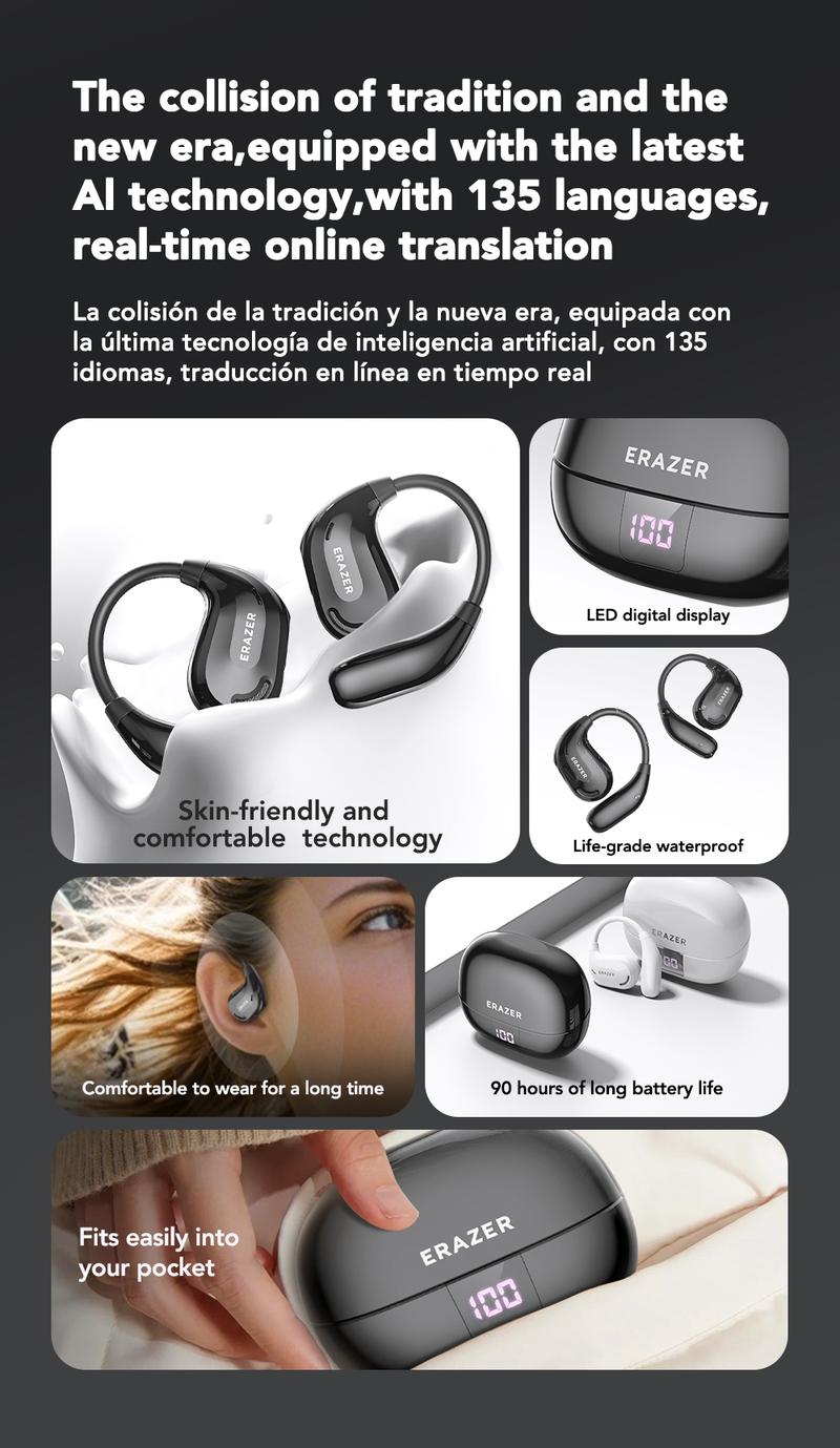 Product Introduction of Headset Terjemahan AI ERAZER XT66 Pro Earphone Bluetooth Open Ear Kualitas Suara HiFi Tahan Air IPX5 Dapat Menerjemahkan Ke 134 Bahasa Earbud Nirkabel 40
