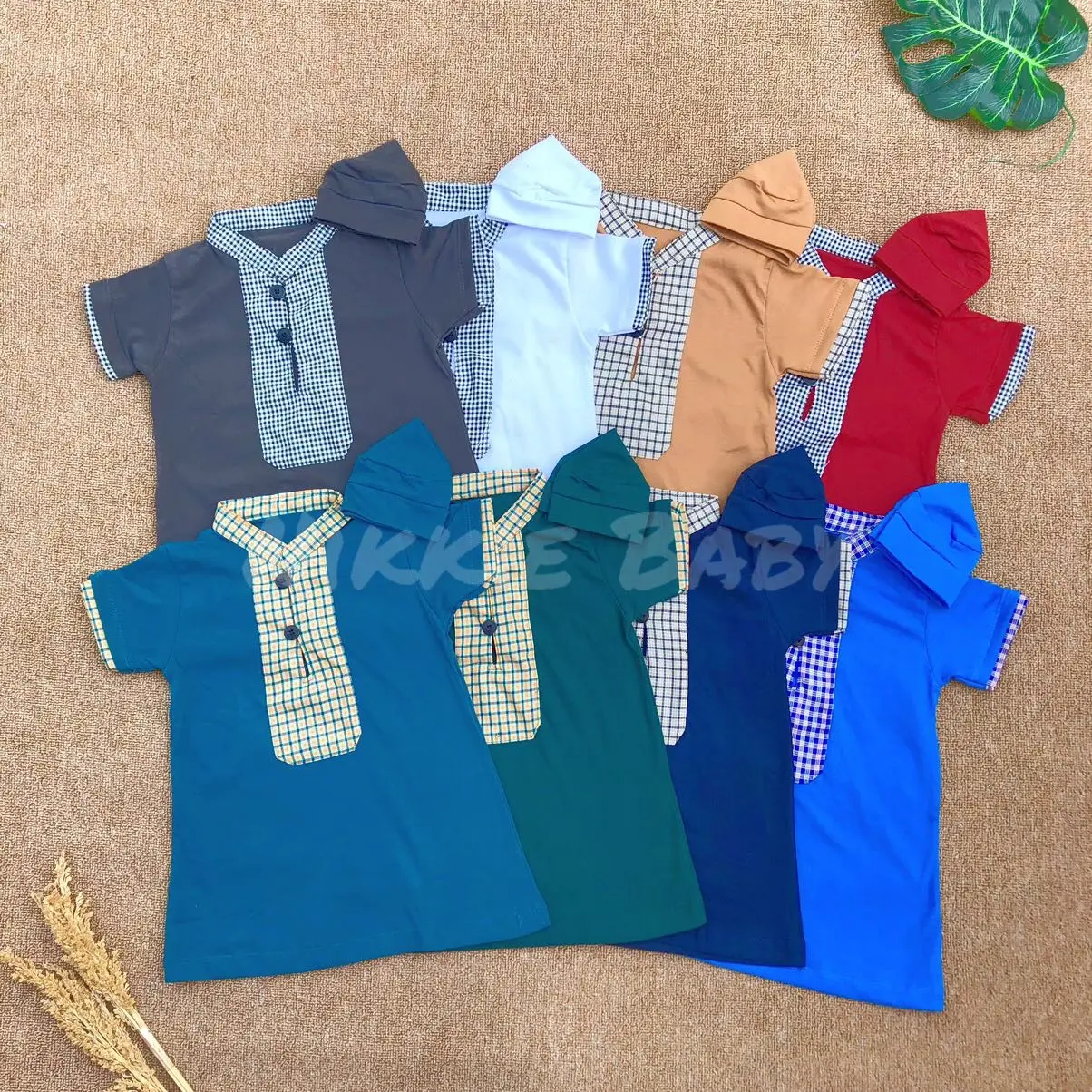 Jubah Bayi Newborn 0-2 tahun set topi Laki laki kaos katun Baju Combed Jumper Lembut Muslim