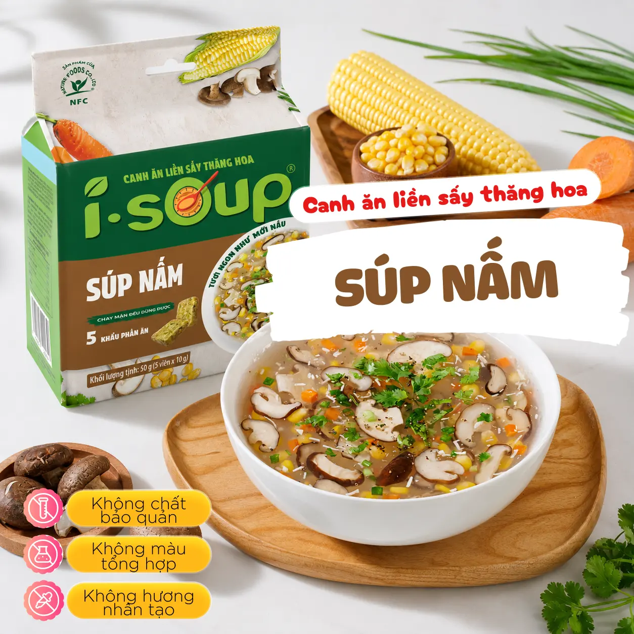 Isoup Viên Súp Nấm Ăn Liền Sấy Thăng Hoa - Túi (50g) 05 Viên