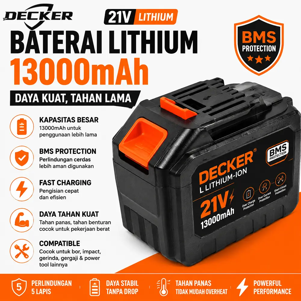 DECKER Baterai Lithium Li-Ion 21V 13000mAh Kapasitas Tinggi untuk Bor Cordless Impact Wrench Gerinda Gergaji Perkakas Listrik