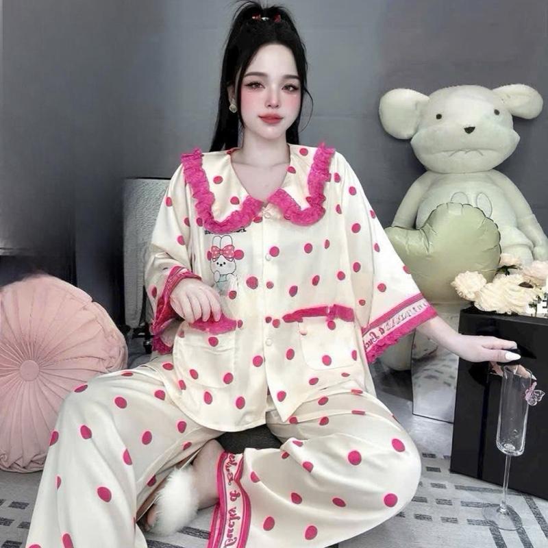 Size 40-60kg- Bộ Lụa Latin Tơ Tằm Tiểu Thư Cao Cấp Cổ Bèo Mix Nơ Queen Tay Dài Quần Dài TDQD Mềm Mát Mặc Nhà Cao Cấp Pijama Mặc Nhà Women Nữ Voi Kem