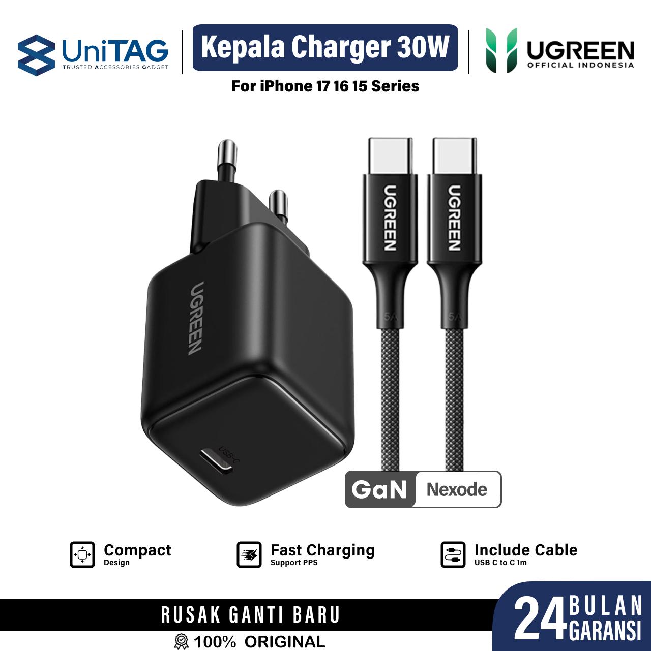 UGREEN Wall Charger 30W 1C GAN N + Kabel Charger USB C to USB C - Black X513 65012