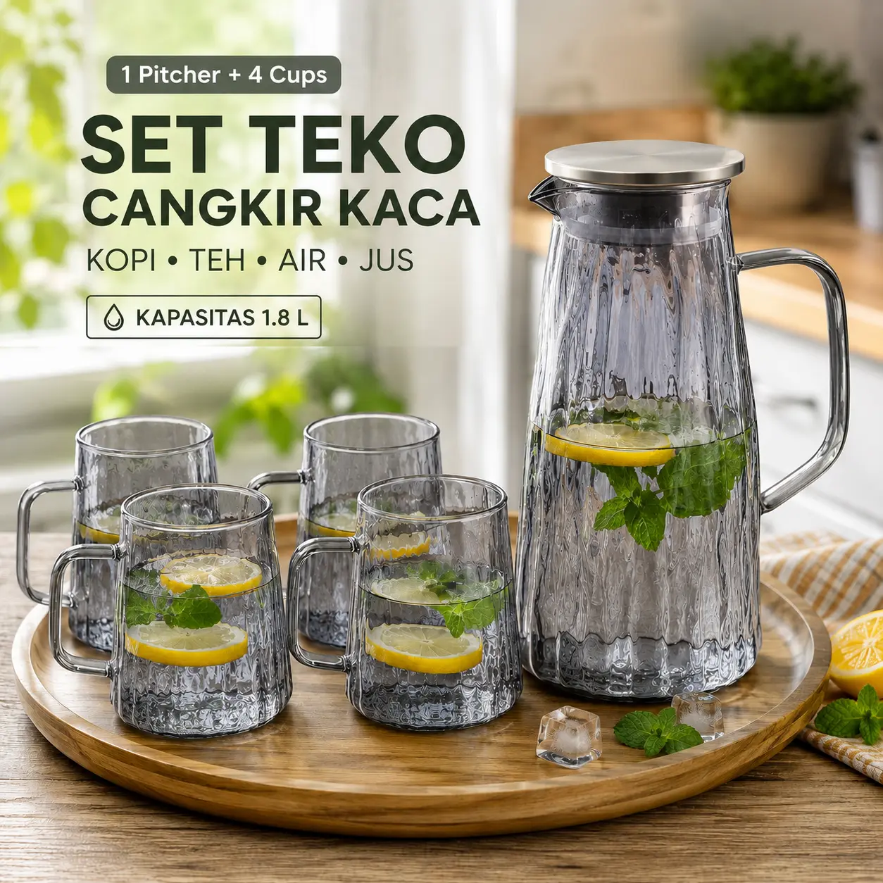 Cloks Set Teko Cangkir Kaca Kopi Teh 1 Pitcher 4 Cups Heat Proof 1.8L - CL18