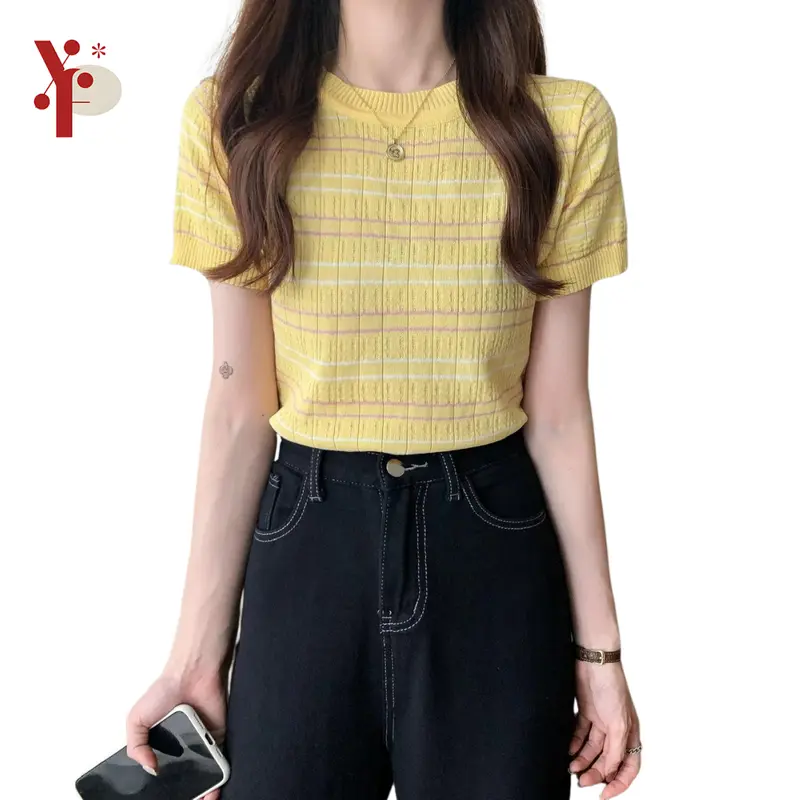 Yoona BJ478 Baju Motif Atasan Wanita Crop Top Rajut Korean Style Premium Lengan Pendek Stripe Knitwear Panjang Cardigan Hitam Sweater 0