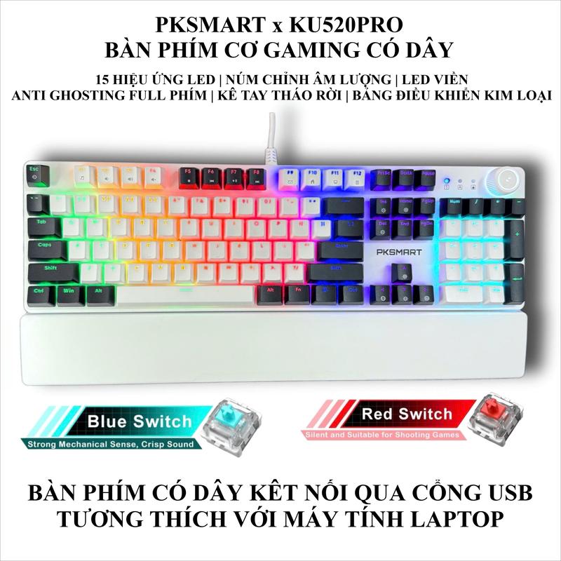 PKSMART x KU520PRO - Bàn Phím Cơ Chơi Game Có Dây - Anti Ghosting Full Phím - 15 Hiệu Ứng LED - Kê Tay Tháo Rời - Núm Chỉnh Âm Lượng - Blue Red Switch