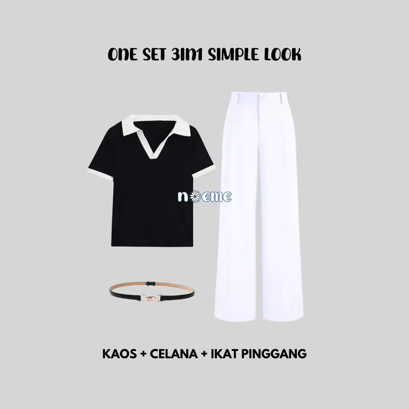 One Set 3in1 Simple Outfit Kaos Kerah Celana Kulot Knit Ikat Pinggang Korean Style Noeme 015 one  set 1