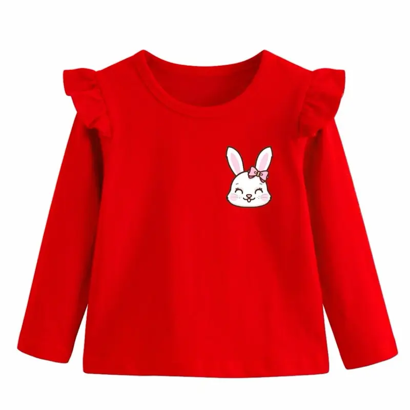 KAOS ANAK RUFLE LENGAN PANJANG Merah dengan Desain Kelinci Lucu untuk Anak Perempuan