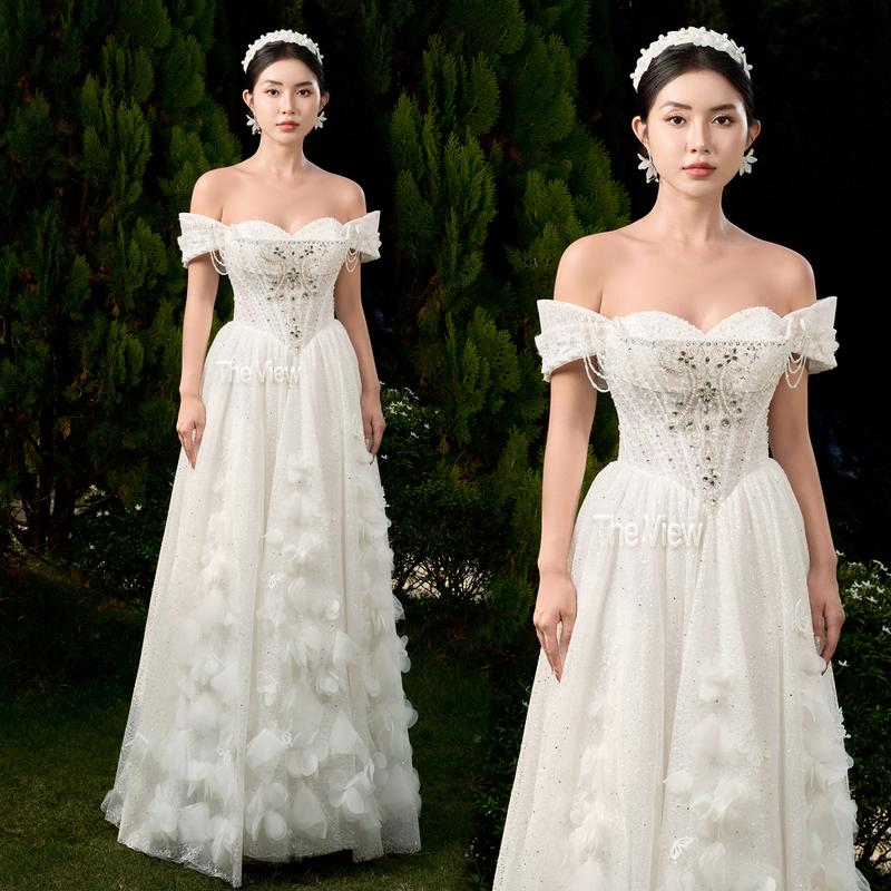Tặng voan váy maxi đi bàn from Boho dòng váy cưới cô dâu đính đá trong suốt nhẹ nhàng dáng suông chất Bling Bling lấp lánh mã 378