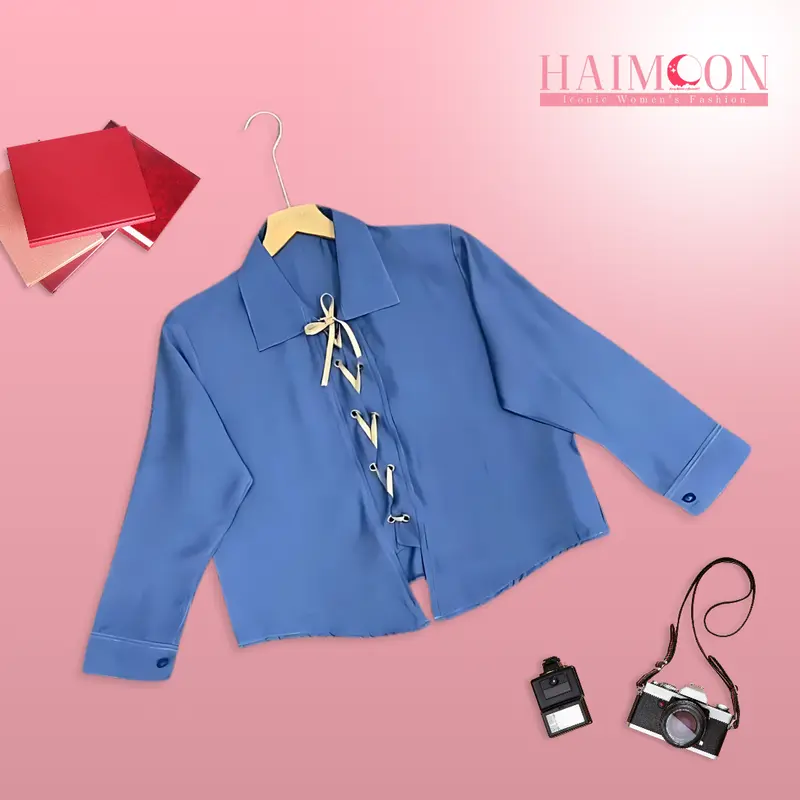 Atasan Wanita Blouse Tali Pita Turkish Linen Korean Style Warna Hitam,biru,moca Baju Kancing Katun Panjang 3