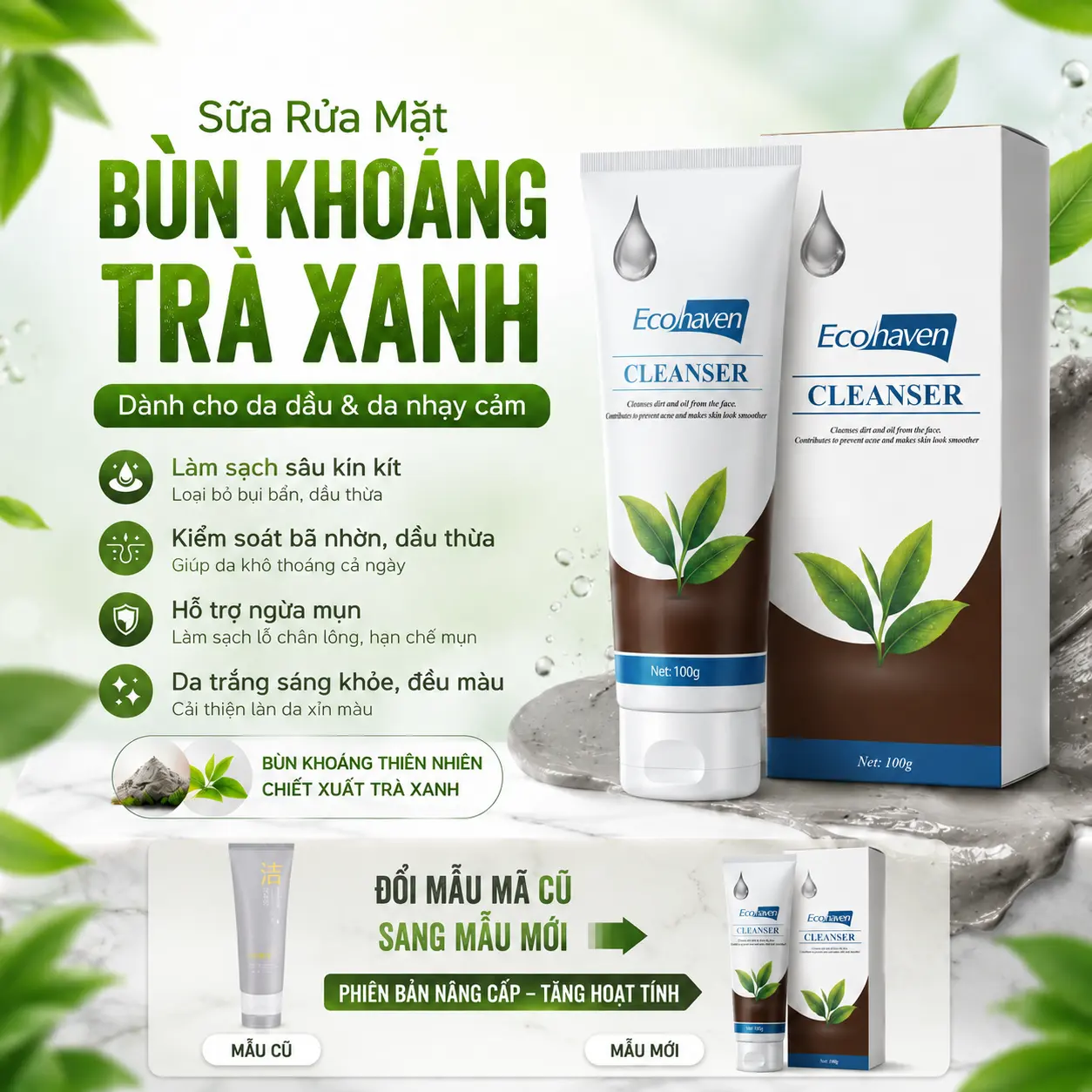Sữa Rửa Mặt Bùn Khoáng Trà Xanh ECOHAVEN Cho Da Dầu Mụn - Làm Sạch Sâu, Kiểm Soát Dầu, Sáng Da