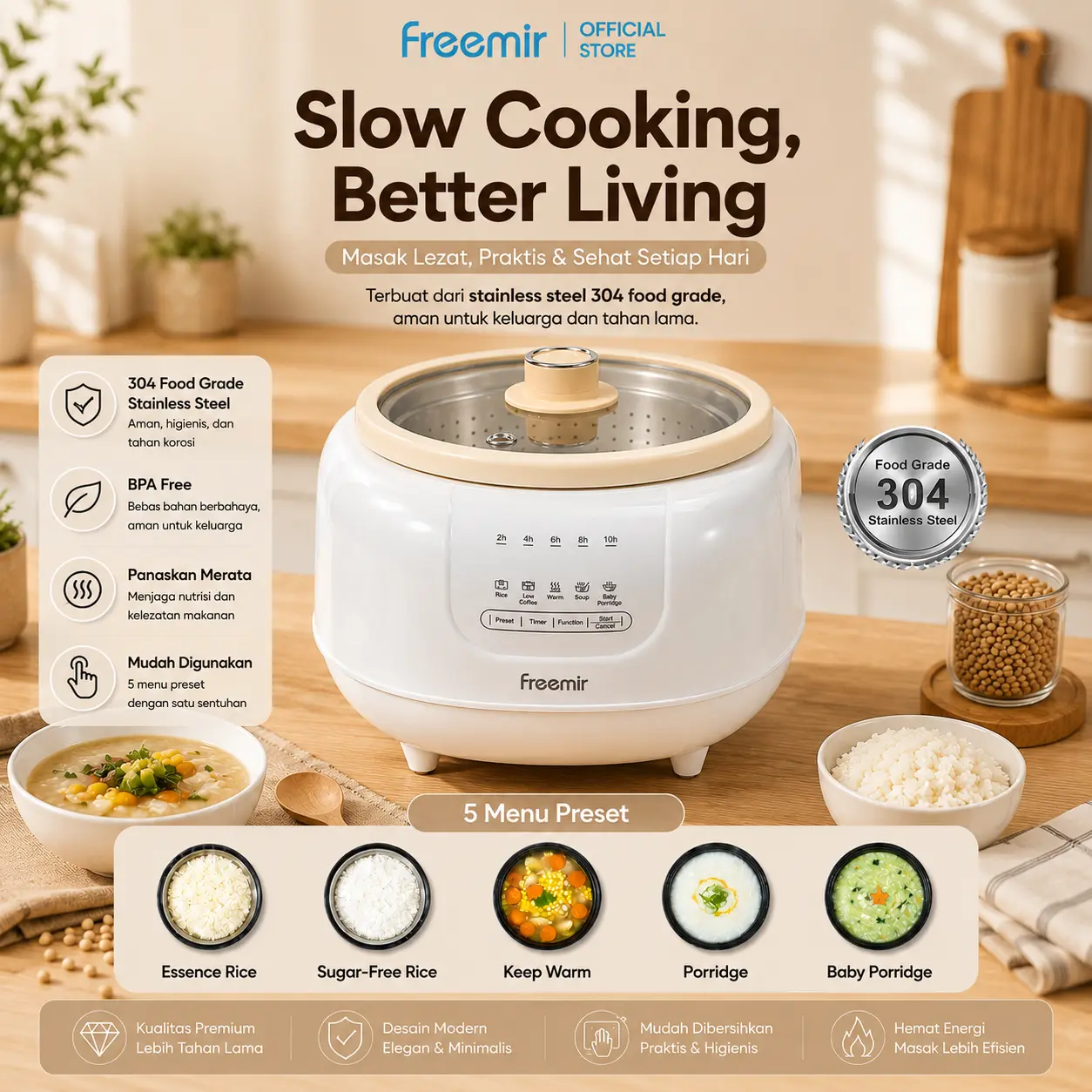 [Special Live] freemir Rice Cooker Low Sugar 1,5 L 24H Low Power 400W Slow Cooker MPASI Baby Food Grade Aman Untuk Baby Lebih Sehat Kitchenware