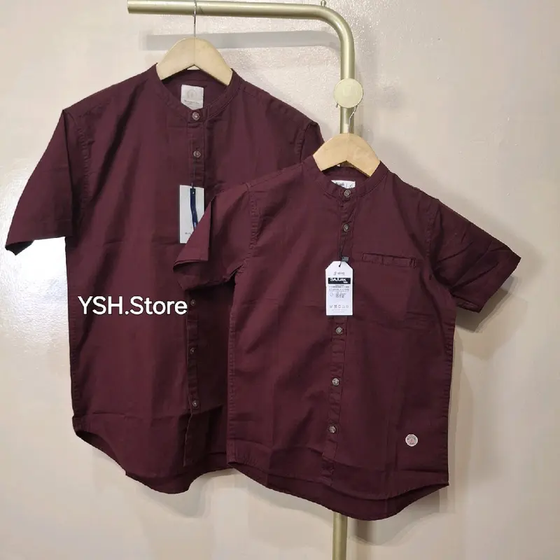 Merah MAROON Baju Koko Kemko Couple Ayah Dan Anak Lengan Panjang dan Pendek Full Kancing dan Kancing 1/2 Katun Twill Terbaru Sajuak Original Dewasa Formal 1