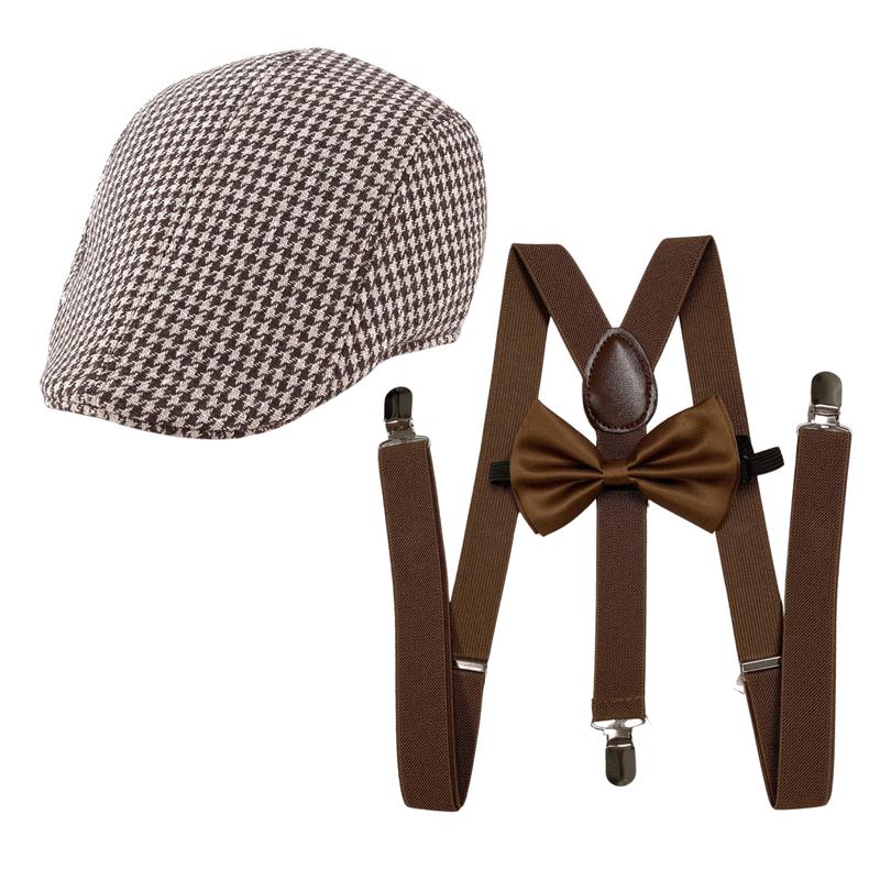 3 IN 1 ( Suspender + Dasi Kupu + Topi ) Outfit Yearbook Vintage Coklat Fedora Newsboy 1