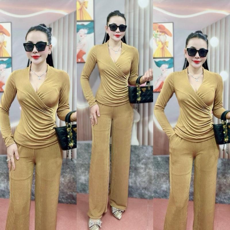 SÉT THIẾT KẾ CỔ LEO TAY DÀI ĐẮP CHÉO QUẦN DÀI ỐNG SUÔNG. Áo có nhún eo che bụng 2 lớp . Chất thun nhũ ánh kim cao cấp