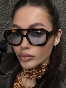 Lentes de sol tortuga de marco geométrico vintage, lentes de moda para uso diario, accesorios de viaje y conducción