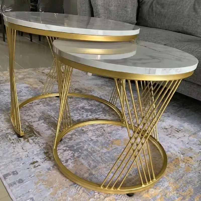 RJP FURNITURE Meja Industrial Besi Kayu Minimalis Sudut Ruang Tamu Modern Estetik - Nesting Golden Black Marble 2