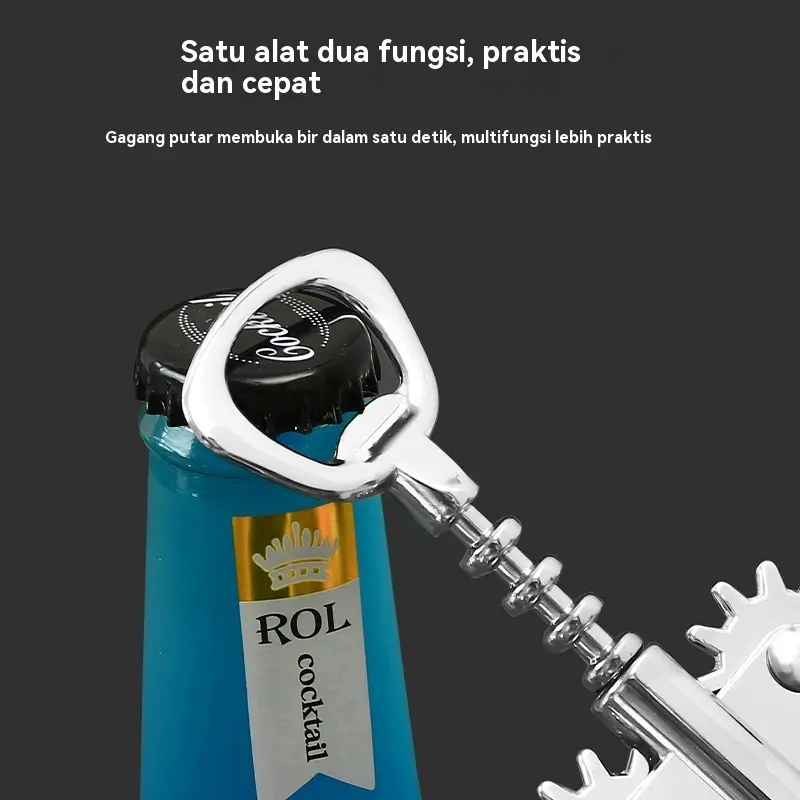 Pembuka botol anggur multifungsi ini sangat cocok untuk penggunaan di rumah. Ini adalah set pembuka botol anggur dan bir yang personal dan mudah digunakan, wajib dimiliki untuk membuka botol anggur merah.