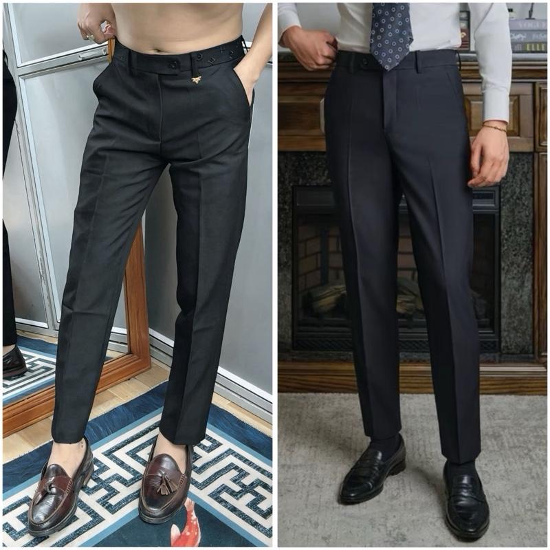 Quần âu nam chất vải 79 cao cấp 2 bản trơn và thêu hoạ tiết cạp quần luxury