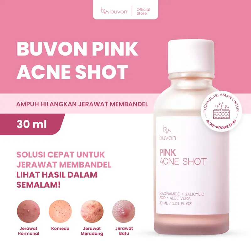 Buvon Pink Acne Shot 30ml & Niacinamide Booster Serum 20ml - Obat Totol Jerawat & Serum Hilangkan Bekas Jerawat PIE PIH Hitam Tetes Memudarkan Wajah 4