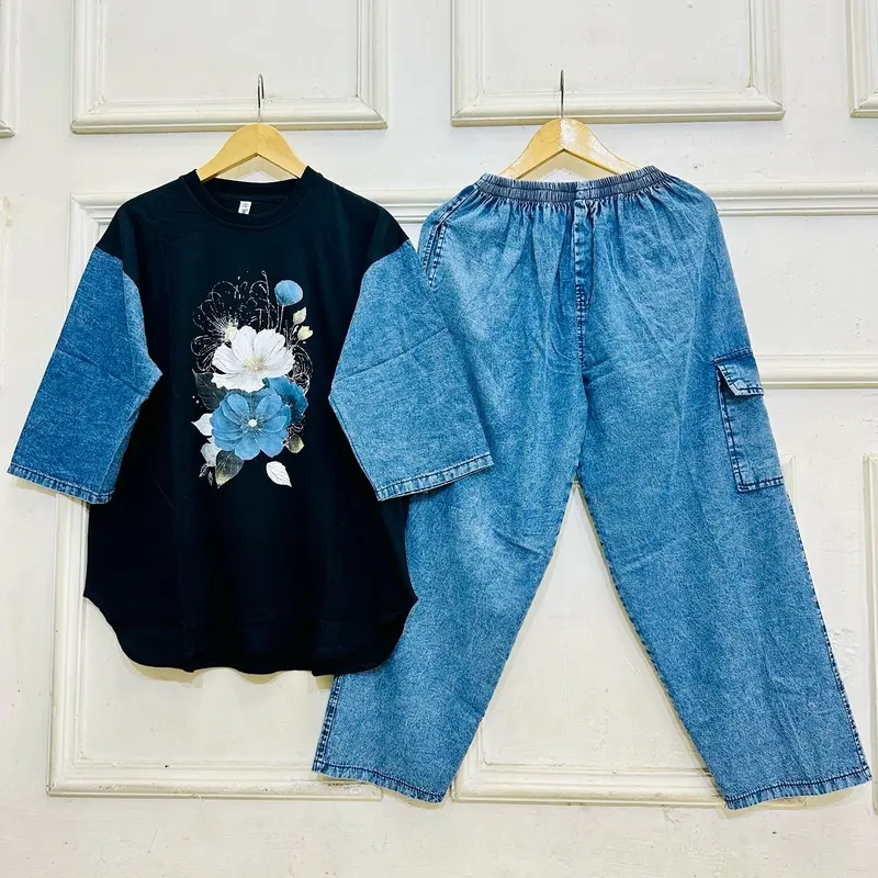 Baju Setelan Jeans Wanita Jumbo LD 120 Dewasa Atasan Kaos Combed 24s, Bawahan Celana Jeans Kulot Cargo Panjang Motif Sablon Adem dan Nyaman 7