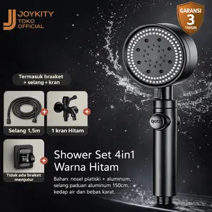 Joykity Set Shower Kamar Mandi Hitam 4 in 1 Tipe Adjustable Anti Bocor Material Plastik & Aluminium Desain Minimalis Tombol Henti Air Selang 1.5 Meter