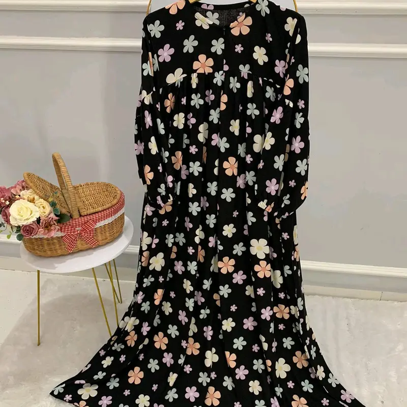 Gamis wanita rayon motif bunga 1 set sama kerudung 1