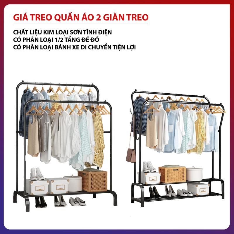 Giá Treo Quần Áo 2 Giàn Treo DLS Kệ Treo Quần Áo Bằng Sắt Sơn Tĩnh Điện Có Tầng Để Đồ Lắp Ráp Đơn Giản Tiện Lợi