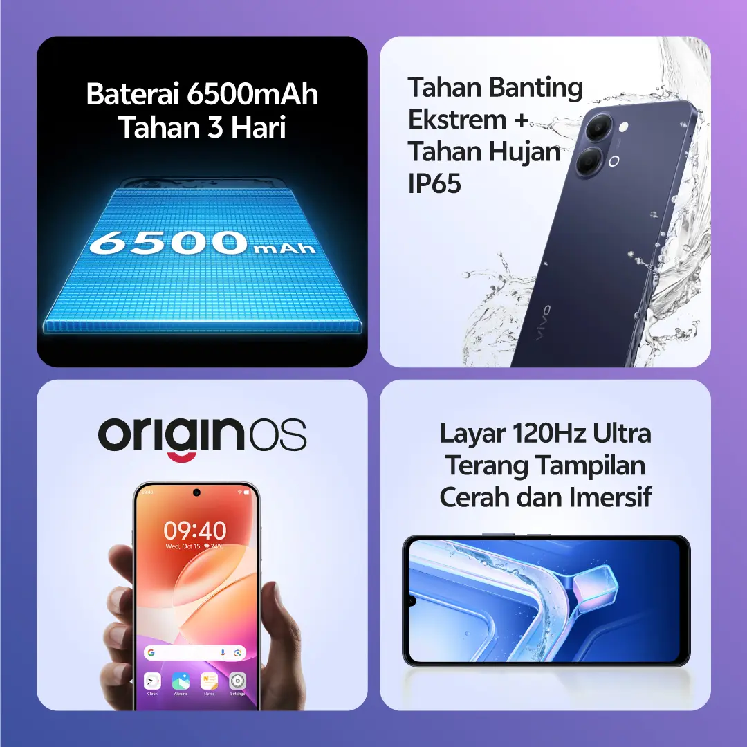 vivo Y05 - Desain Premium, 6500mAh Tahan 3 Hari, IP65 Tahan Hujan, Tahan Banting Ekstrem, Origin OS Performa Lancar, Layar Ultra Tenang 1200nits