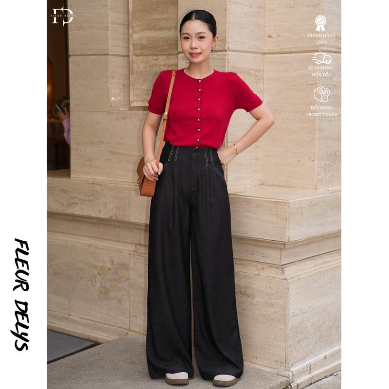 Quần Vải Suông Bò Rayon Mềm Nữ Fleurdelys Màu Đen Phối Chỉ DLQA183