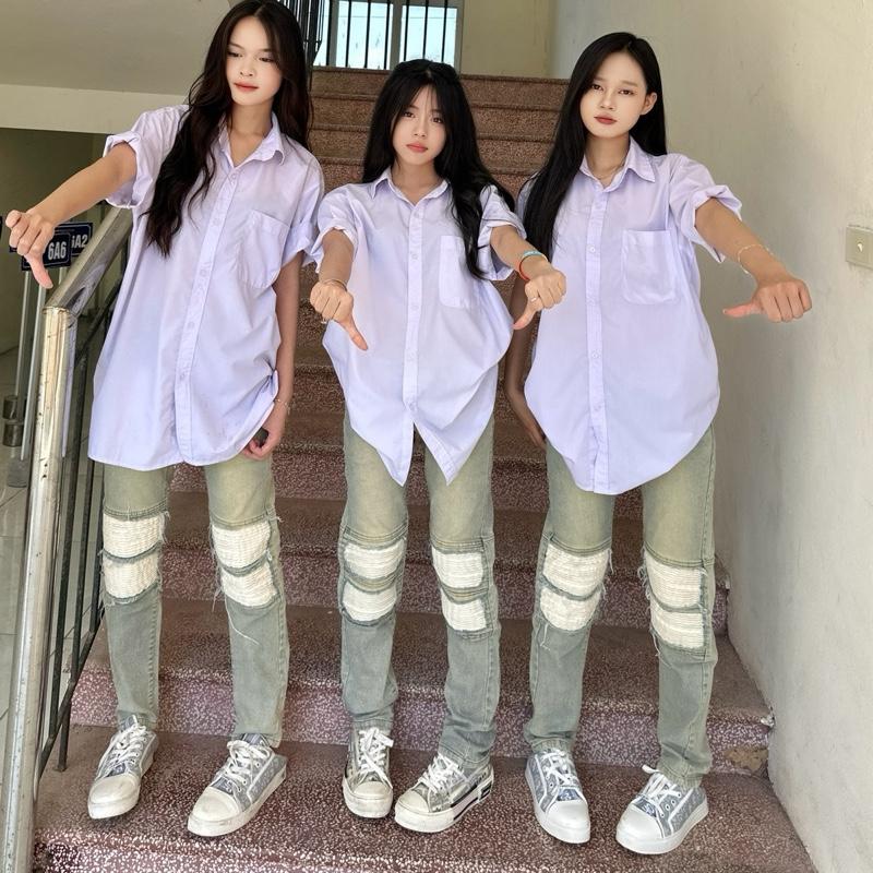 QUẦN JEAN ỐNG ĐỨNG NAM NỮ CO GIÃN FOM ĐỨNG ÔM RÁCH VÁ DA MÀU SÁNG chính chủ SLMP