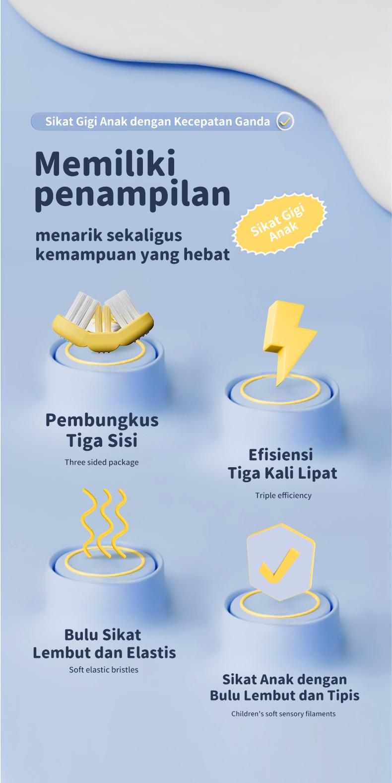 Sikat Gigi Tiga Sisi untuk Anak-anak Membersihkan Secara Menyeluruh dan Efisien dengan Desain Tiga Sisi yang Melingkupi Sikat Gigi 1 Pak Berisi 4 Cocok untuk Anak Usia 3-12 Tahun