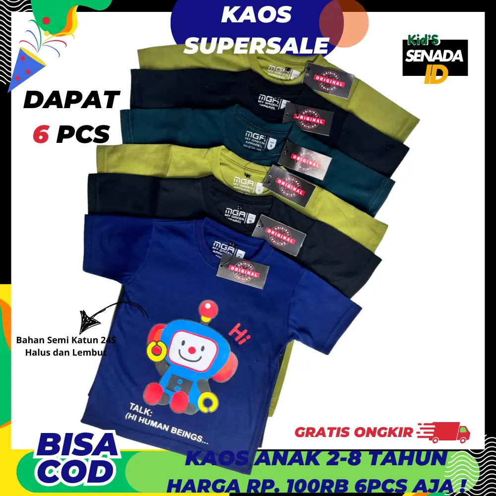 𝐒𝐄𝐍𝐀𝐃𝐀 𝐊𝐈𝐃'𝐒 [PAKET 6Pcs Warna Random] - Baju Anak Panjang Karakter Lucu Dan Unik Untuk Usia 2-8 Tahun Bahan Semi Katun 24S Halus  Adem Dipakai Sehari-hari
