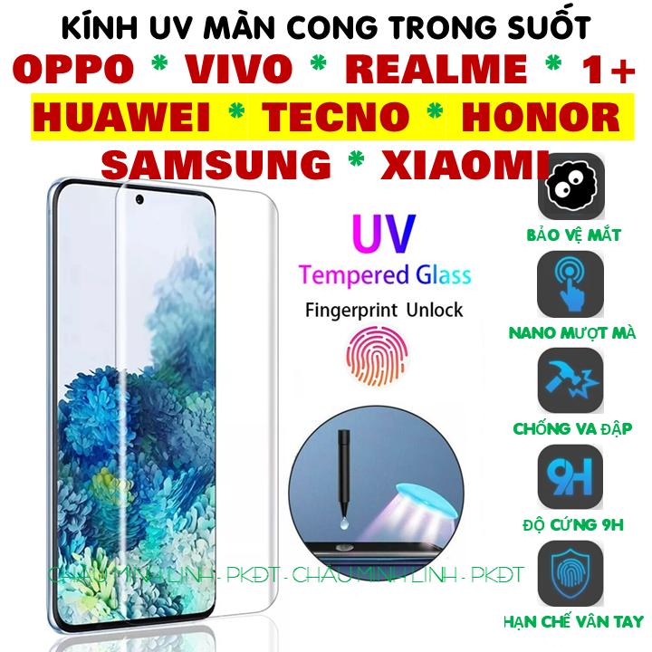 Cường lực U.V màn cong trong suốt. Mở khoá vân tay màn hình. Bộ kính cường lực kingkong cao cấp Full hộp, Full màn 98%, không cấn ốp. Tặng kèm phụ kiện hỗ trợ dán và 1 mèo TT.