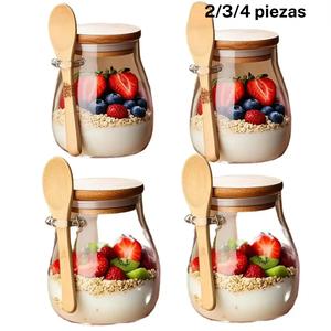 Frasco de vidrio con tapa y cuchara, frasco para avena nocturna con pegatinas y bolígrafo (paquetes de 2/3/4 unidades), contenedor de almacenamiento de alimentos para yogur, especias y ensaladas, para cocina, frasco Mason de vidrio
