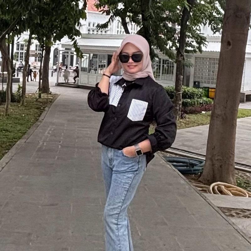 Kemeja Wanita Kombinasi Salur Lengan Panjang - Baju Katun 2
