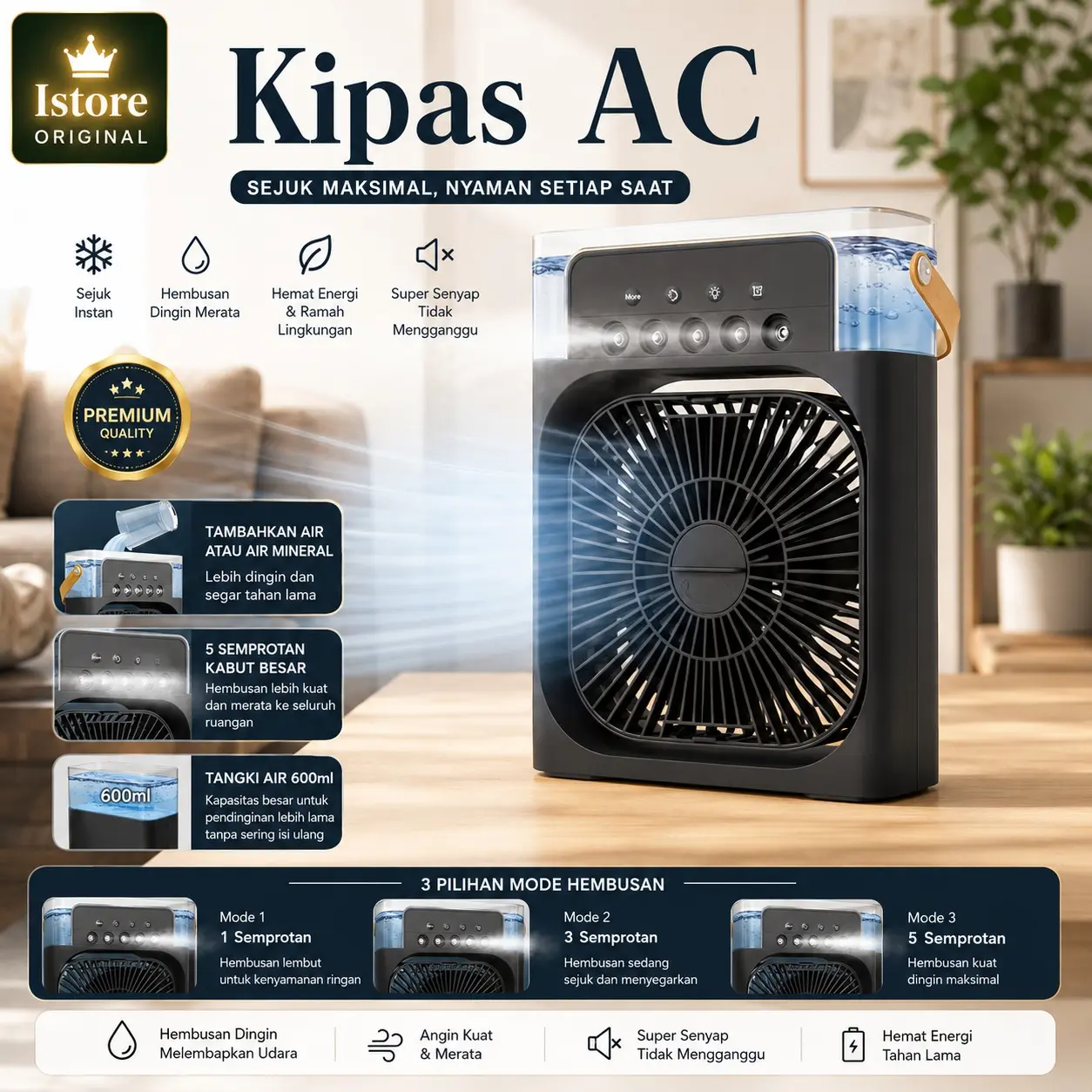 LE Kipas Angin AC Mini Tangki Air 600 ML Air Cooler Fan Pendingin Ruangan LED dengan 7 Warna Lampu & 3 Kecepatan Angin Hemat Energi