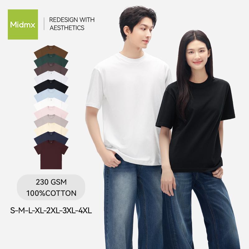 MIDMX 230G Áo thun ngắn tay cotton nguyên chất dày dặn, phong cách thường ngày dễ phối đồ, màu trơn, unisex, thoải mái và thoáng khí