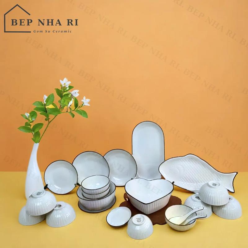 BepNhaRi + Huyen3condaily Bộ Bát đĩa trắng viền đen Tô Tim - decor trang trí bàn ăn gia đình