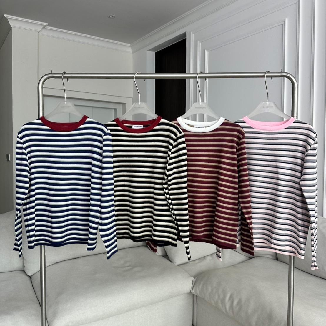 PT3053 เสื้อไหมพรมลายทางแขนยาวแต่งขอบ PROMTHONG