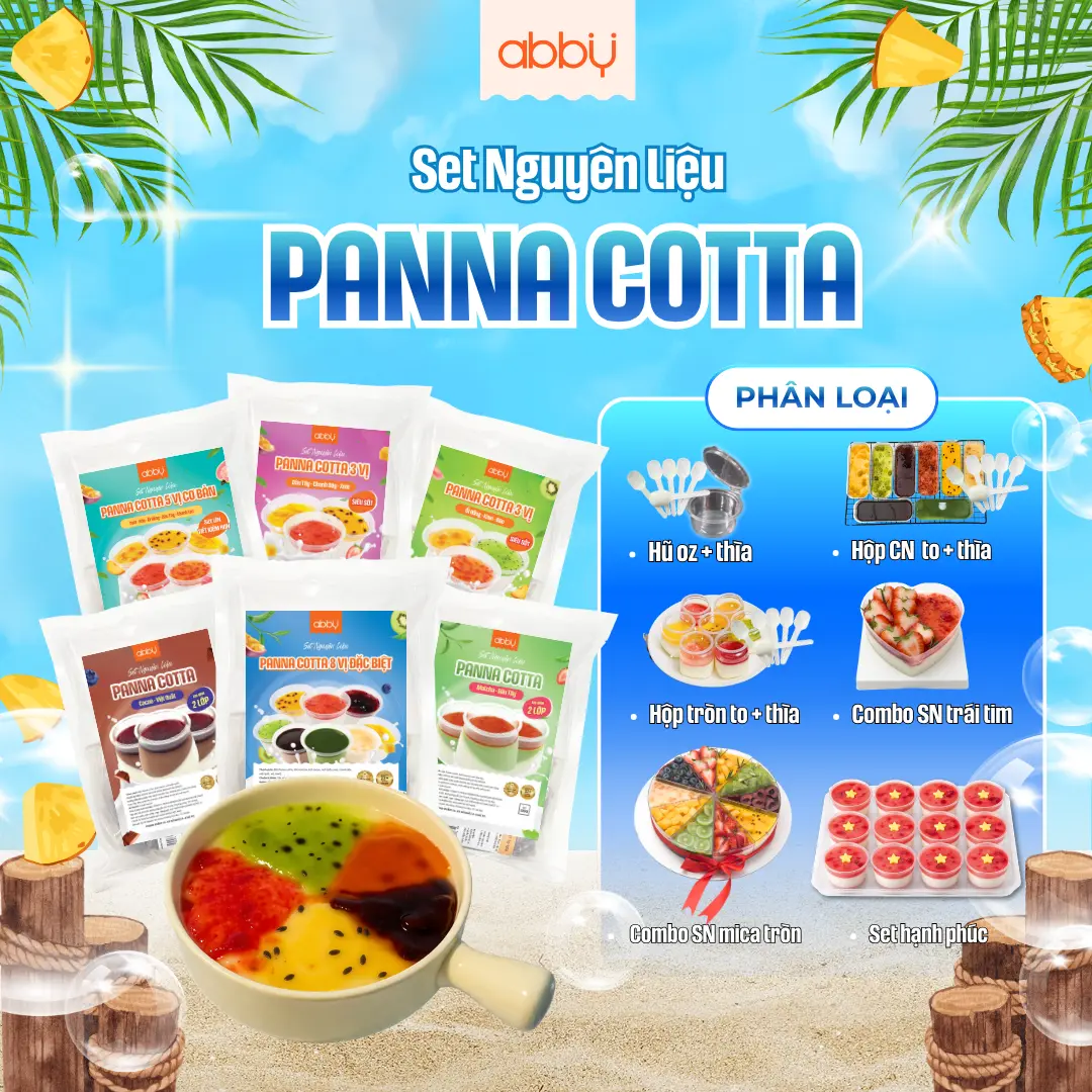 [ABBY] Set nguyên liệu làm  Panna cotta mix 3 vị, 5 vị siêu sốt - thành phẩm 50 -55 hũ - Bột trộn sẵn, mứt vị trái cây tự nhiên thơm ngon, dễ làm