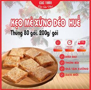 Thùng 80 gói ( gần 200/gói ) kẹo mè xửng dẻo Huế: mềm dẻo, dai, thơm, bùi béo đặc sản Huế, ăn là ghiền
