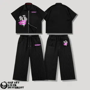 DTRT - One Set Workshirt Boxy Double Zipper Baggy Pants Stripe Salur Garis-garis hitam - Conquer