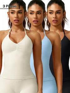 Chaleco deportivo de color sólido con cuello halter y fruncido para mujer, de alta elasticidad, transpirable y cómodo, sin espalda, ideal para yoga y entrenamiento en gimnasio, ropa deportiva para damas para uso interior y exterior