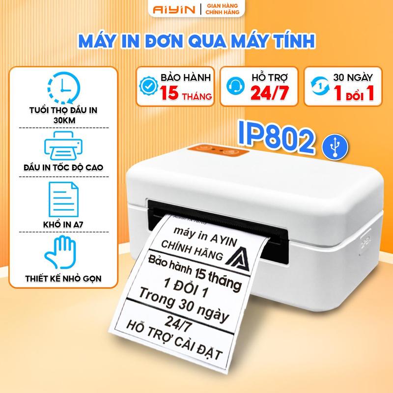 Máy in nhiệt mini AIYIN IP 802 in đơn hàng qua máy tính in tem mã vận đơn mã vạch phiếu gửi hàng bảo hành 15 tháng