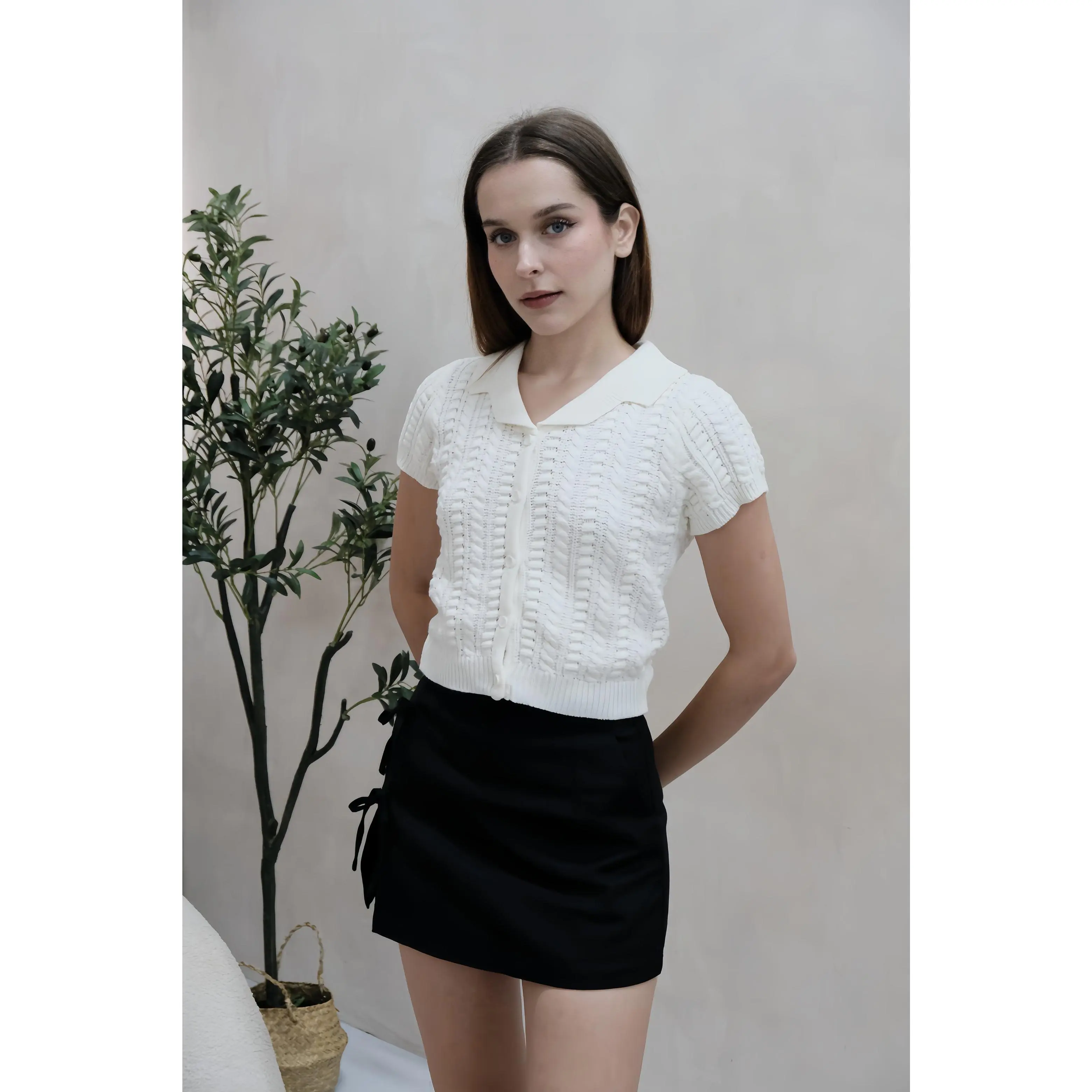 Valene Button Collar Knit Top in White