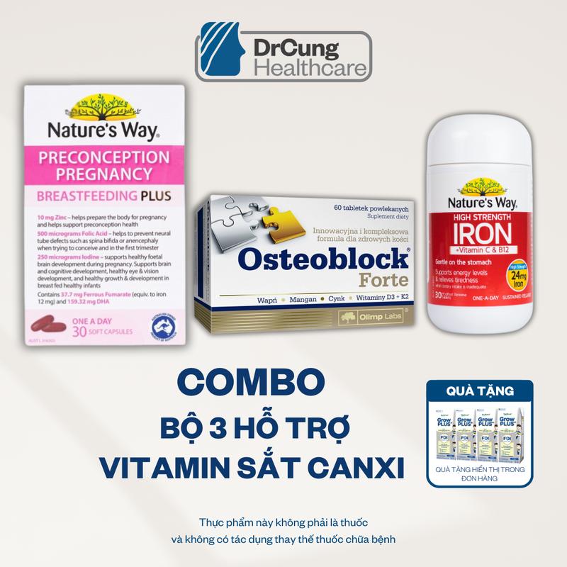  TPBVSK Combo Bổ Bầu 3 Sản Phẩm Nature's Way Preconception Pregnancy Breastfeeding Plus Hộp 30 viên High Strength Iron+VitaminC&B12 Lọ 30 viên và Canxi Osteoblock Hộp 60 viên MUA 1 COMBO TẶNG 1 VỈ  4 HỘP   SỮA GROWPLUS BẠC 180ML 