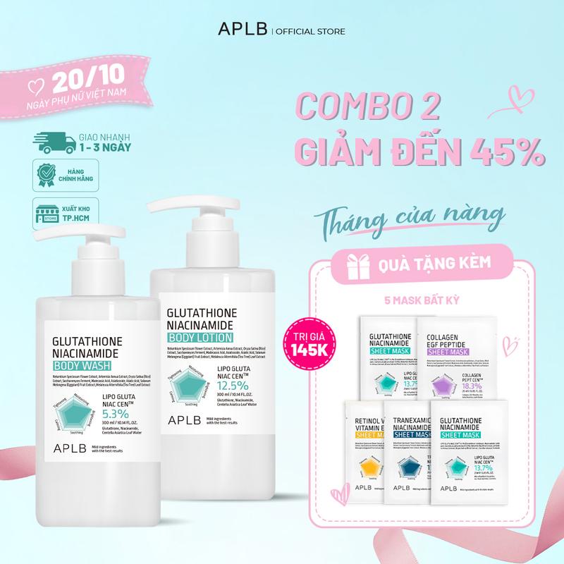 Combo APLB Glutathione Niacinamide Body Lotion 300ml + Body Wash 300ml Dưỡng Ẩm, Làm Sạch, Hỗ Trợ Dưỡng Sáng Da
